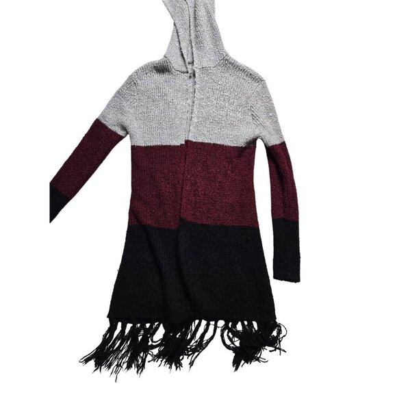 Aiami Colorblock Hooded Knit Open Cardigan w/ Fringe Hem Grey, Burgundy, Black S - Picture 3 of 8